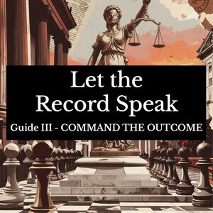 May include: An illustration featuring Lady Justice holding scales, with the text "Let the Record Speak" and "Guide III - COMMAND THE OUTCOME." Chess pieces are in the foreground, with a backdrop of a courthouse and columns.