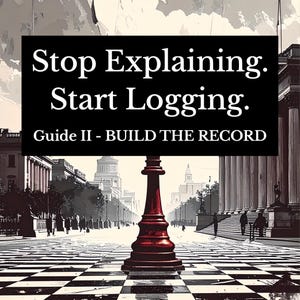 May include: An artistic image featuring a red chess piece in the foreground, with a black and white checkered pattern below. A black banner displays the text "Stop Explaining. Start Logging. Guide II - BUILD THE RECORD" against a backdrop of a city street.