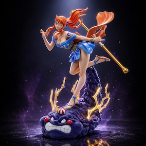 May include: A dynamic anime-style figurine of a character with orange hair, wearing a blue patterned outfit and holding a long staff. The character stands atop a dark purple, cloud-like creature with a grumpy face and glowing yellow lightning accents.