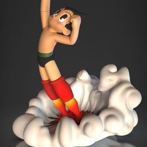 May include: Astro Boy figure in a dynamic pose, with one arm raised. The figure is depicted mid-flight, with red and yellow flames emanating from his boots. He wears black shorts, red boots, and a green belt, set against a white cloud base.