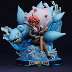May include: A detailed figurine of Lorelei from the Pokémon series. She is depicted with red hair, glasses, and a black suit, holding a Poké Ball. The figure is set on a blue and white base with the name "Lorelei" displayed.