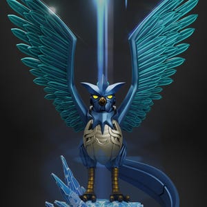 May include: A blue and teal bird figurine with outstretched wings, standing on a crystalline base. The bird has yellow eyes and gold feet. A beam of blue light emanates from above. The figurine has a metallic chest plate.