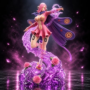 Può includere: Una statuetta in stile anime di un personaggio con capelli rosa e cuffie, che indossa un abito rosa con il numero 66 sulle cosce. La figura presenta grandi ali di farfalla viola e poggia su una base viola traslucida con rose rosa.
