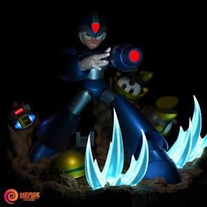 May include: A detailed figurine of a blue and silver robot character with a red visor, holding a blaster. The figure is surrounded by other characters and blue energy effects. The base has a logo that says "MERGE PROJECT FIGURES".