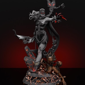 Può includere: Statua dettagliata di una figura femminile in abito scuro, mantello e maschera, con catena e cintura. La statua ha un'estetica demoniaca, con accenti rossi e una creatura che si libra nelle vicinanze. La base è una struttura rocciosa con crepe luminose.