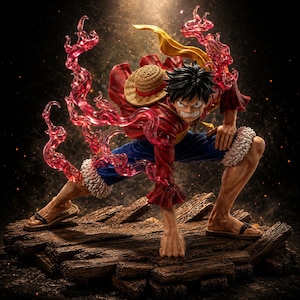 Può includere: Una dettagliata statuetta in stile anime di un personaggio con capelli neri, che indossa un cappello di paglia, una camicia rossa aperta e pantaloncini blu. La figura è in una posa accovacciata dinamica su una base di legno, circondata da effetti di fiamme rosa traslucide.