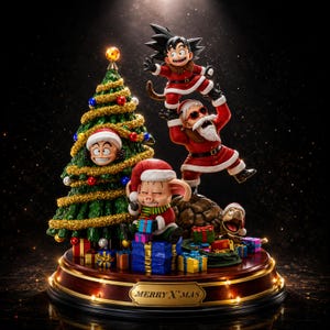 May include: A multi-character Dragon Ball Christmas figurine set featuring a decorated green tree with a star, a character in a Santa suit holding another character aloft, and a pig character sitting on blue gift boxes, all on a wooden base with a plaque reading MERRY X'MAS.
