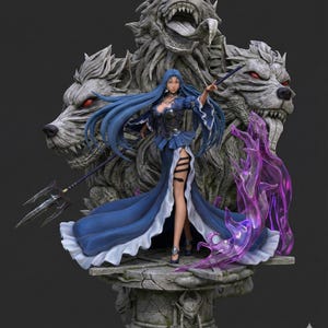 Può includere: Statuetta dettagliata di una donna in abito blu, con un bastone, in piedi davanti a una statua di lupo a tre teste. La statua ha occhi rossi e un'espressione minacciosa. Sono presenti anche fiamme viola e un tridente.