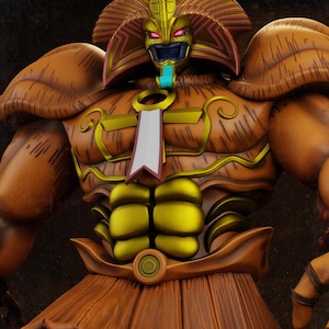May include: A detailed 3D rendering of a muscular, humanoid figure with a golden mask and armor. The figure has a brown and gold color scheme, with intricate details on the armor and a stylized design. The figure has a stern expression and is a collectible item.