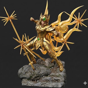 May include: A golden figurine of a warrior in dynamic pose, adorned with intricate armor and a crown. The figure is embellished with green gemstones and surrounded by stylized golden rays, standing on a rocky base against a dark background.