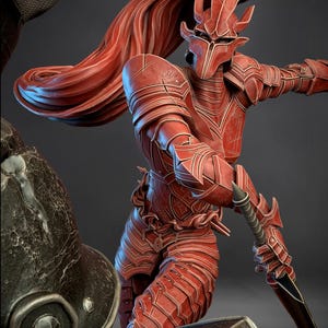 May include: A detailed sculpture of a warrior in red armour, wielding a sword. The armour features intricate designs and a helmet with a flowing red element. The figure is posed dynamically, suggesting action and strength.