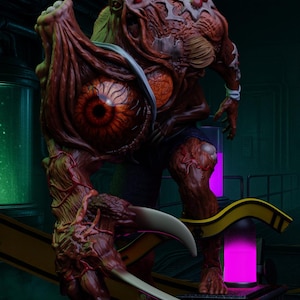 May include: A grotesque, mutated creature with exposed flesh, a large eye, and sharp claws. The figure is predominantly reddish-brown with some green and white accents. It stands in a laboratory setting with glowing purple and green lights.