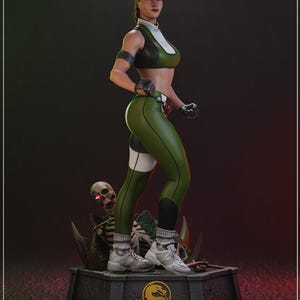 May include: A detailed figurine of a female character in a green and black outfit, white trainers, and a blonde ponytail. The figure stands on a base with a skull and a golden emblem.