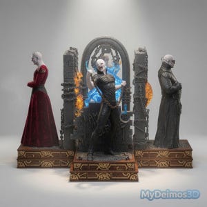 May include: A detailed diorama featuring three figures on a tiered wooden base. On the left, a figure in a red robe. In the centre, a pale figure with a hook and chain stands before a stone archway with blue flames. On the right, a figure in a black coat.