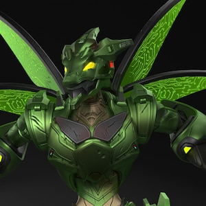 Puede incluir: Representación 3D detallada de una figura insectoide robótica verde. La figura tiene grandes alas con patrones de circuitos impresos, ojos amarillos brillantes y una intrincada armadura. El diseño sugiere un tema futurista o de ciencia ficción.