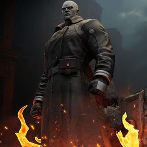 Puede incluir: Representación digital de una figura calva y musculosa con un abrigo negro largo, de pie entre llamas. La figura tiene una expresión severa y lleva guantes y un cinturón con un emblema rojo. El fondo sugiere un entorno urbano oscuro.