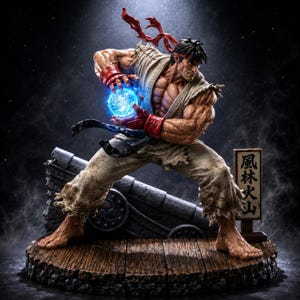 Puede incluir: Una figura detallada de un luchador musculoso con un gi blanco desgarrado y una cinta roja, sosteniendo una esfera de energía azul brillante entre sus manos con guantes rojos. El personaje se apoya en una base de madera junto a un letrero con los caracteres 風林火山.