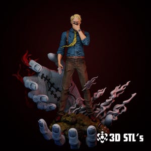 以下が含まれることがあります： 青いシャツ、茶色のズボン、黄色のネクタイを着た男性の精巧なフィギュア。 彼は銃を持ち、縫い目のデザインが施されたグロテスクな手型の台座の上に立っています。 暗い赤色の背景とテキスト「3D STL's」。