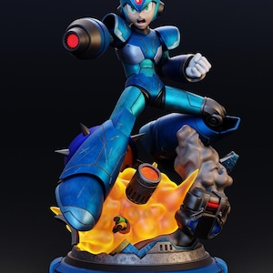 May include: A dynamic action figure of a blue armored character with a helmet, poised in a fighting stance. The figure is set against a dark background, with a base featuring flames and mechanical details. The figure's arm has a large cannon.
