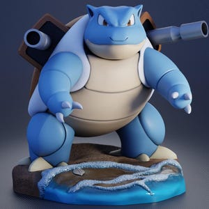 Puede incluir: Figura de Blastoise azul y blanco con caparazón beige y detalles marrones. La figura tiene dos cañones en la espalda y está posada sobre una base que representa una escena de playa con agua azul y arena.