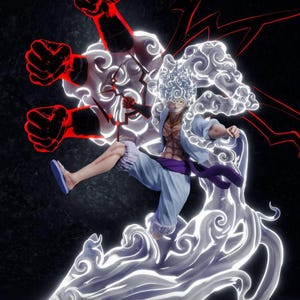 Könnte beinhalten: Dynamische Actionfigur eines Charakters in Kampfpose, mit weißen und roten Energieeffekten. Die Figur trägt hellblaue Hose, passende Jacke und einen lila Schärpe. Der Charakter hat stachelige weiße Haare vor einem dunklen Hintergrund.