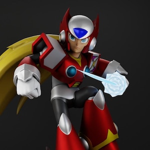 May include: A detailed figurine of a character in a red, white, and black armored suit with a yellow cape. The character has a white helmet with red accents and blue eyes. A blue energy blast emanates from the character's hand.