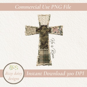 Può includere: Un design a forma di croce con vari modelli di tessuto, tra cui mimetico, floreale e scozzese, con bordi sfilacciati. Il testo "He is Risen" è scritto verticalmente. L'immagine include anche il testo "Commercial Use PNG File" e "Instant Download 300 DPI".