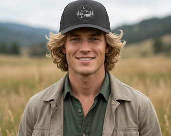 Mountain Cabin Trucker Hat, Camping Hat, Outdoor Adventure Cap, Nature Snapback, Hiking Gift, Rustic Cabin Hat