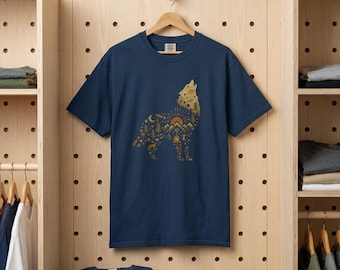 オオカミの自然風景グラフィックTシャツ、レトロなキャンプ用野生動物シャツ