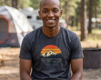 サンセットマウンテンサークルTシャツ｜レトロな山岳風景Tシャツ