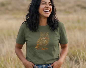 天上のフクロウ自然Tシャツ、宇宙の森の動物グラフィックTシャツ