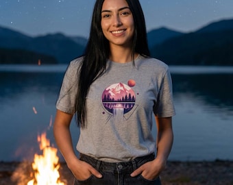 ヴィンテージマウンテンTシャツ、ネイチャーグラフィックTシャツ、アウトドアアドベンチャーシャツ、ミニマリストアパレル