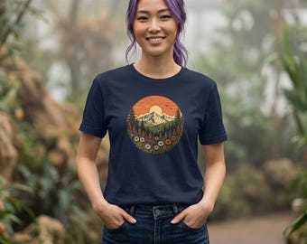 サンセットマウンテンメドウTシャツ｜レトロな自然サークルグラフィック