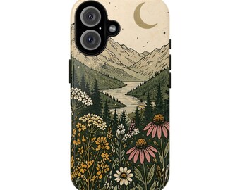 ワイルドフラワーマウンテン風景のスマホケース | 花咲く谷の三日月