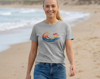 サンセットウェーブTシャツ、ビーチグラフィックTシャツ、海岸沿いの夏のバケーションサーフスタイル