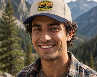 The Mountains Are Calling Trucker Hat, Retro Patch Outdoor Cap, Hiking Camping Adventure Dad Hat