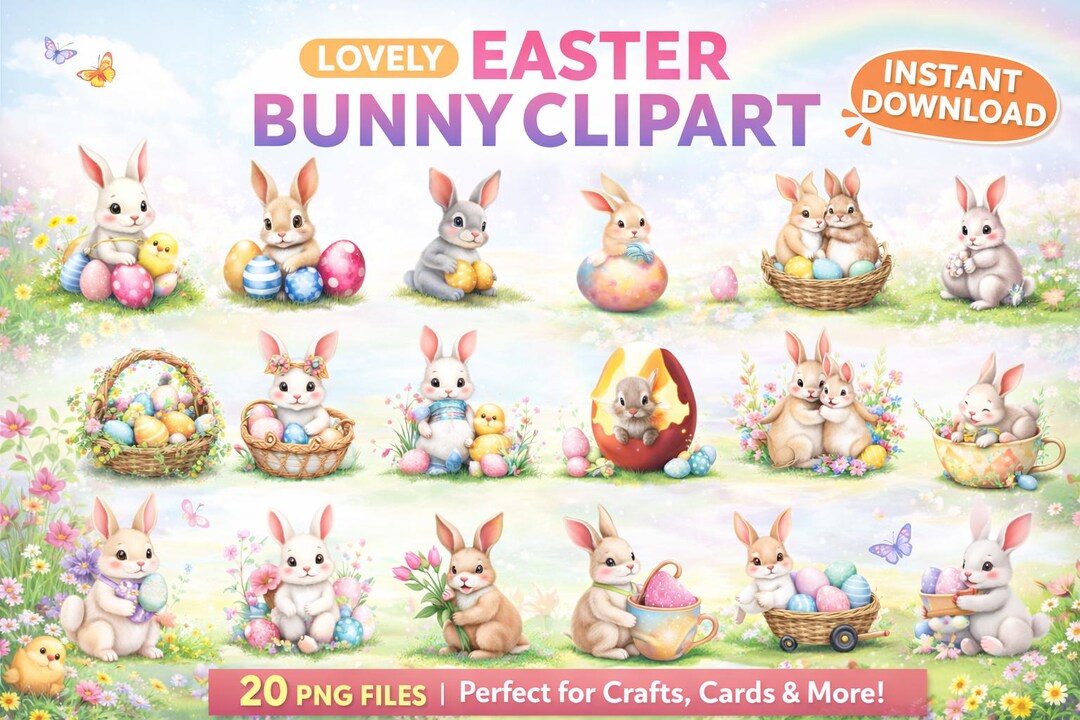 Easter Bunny Clipart PNG Bundle 20 Files Easter Clipart PNG Cute Bunny ...