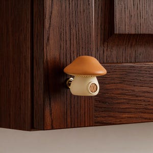 Pode incluir: Um puxador de armário em forma de cogumelo com uma tampa castanha e um caule branco-sujo. O puxador está montado numa porta de armário de madeira castanha escura. O puxador tem uma pequena abertura redonda no caule.