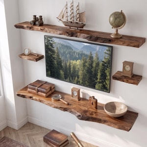 Mensola galleggiante con bordo naturale - Mobile TV rustico in legno massello - Mensola a muro in noce realizzata a mano - Mensola da camino galleggiante extra spessa - Arredamento industriale per la casa