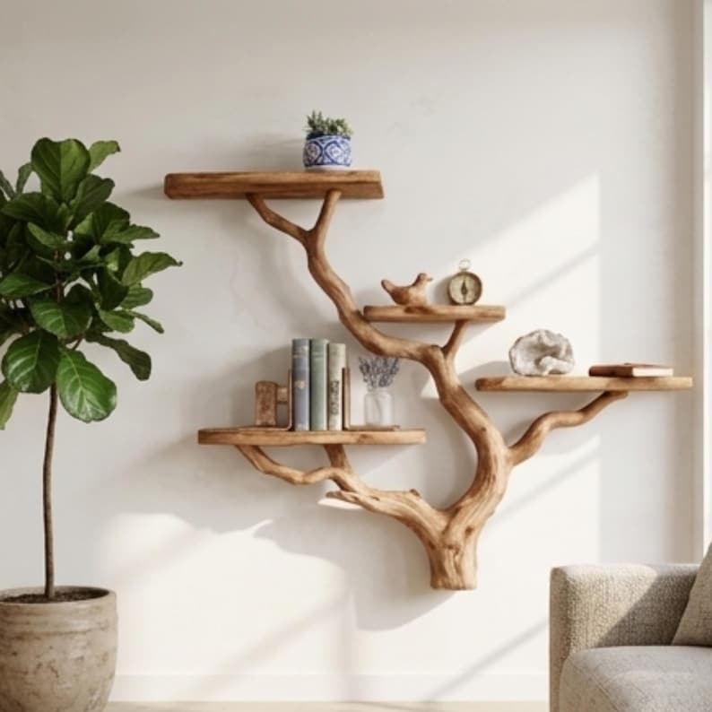 Tree Branch Floating Shelf - Unique Live Edge Wall Decor - Rustic Wood ...