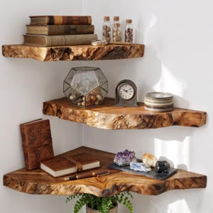 Live Edge Wood Corner Shelf - Rustic Bathroom Wall Shelf - Floating Corner Shelves - Handmade Wood Soap Holder - Minimalist Bathroom Decor