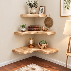 May include: Three light-toned wooden corner shelves with natural live edges mounted on a wall. The top shelf holds a vase with greenery, the middle shelf features two books and a bird figurine, and the bottom shelf displays a candle and a succulent.