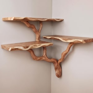 Puede incluir: Estanterías de esquina de madera de tres niveles con un diseño natural y orgánico. Las estanterías están sostenidas por ramas, creando una estética rústica única. La madera tiene un color marrón claro cálido, y las estanterías están montadas en una pared de color neutro.