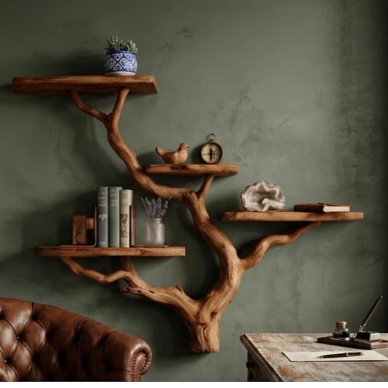 Tree Branch Floating Shelf - Unique Live Edge Wall Decor - Rustic Wood ...