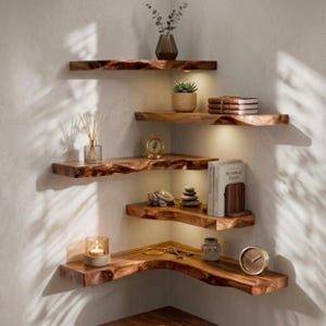 Peut inclure: Un ensemble de cinq étagères d'angle à plusieurs niveaux en bois naturel avec des bords bruts. Les étagères sont fixées au mur et disposent d'un éclairage intégré sous chaque niveau. Divers objets décoratifs sont posés sur les étagères, dont une petite plante, des livres, une horloge, une bougie et une figurine de tortue.