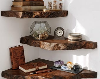 Live Edge Wood Corner Shelf - Rustic Bathroom Wall Shelf - Floating Corner Shelves - Handmade Wood Soap Holder - Minimalist Bathroom Decor