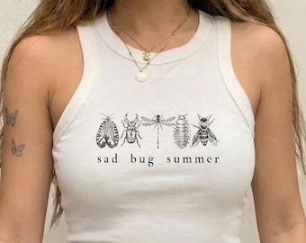 Sad Bug Summer Tank Top, Indie Insect Graphic Baby Tee, Y2K Crop Top