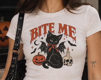 Bite Me Baby Tee, Black Cat Halloween Shirt, Vampire Gothic Spooky Girl Graphic Top