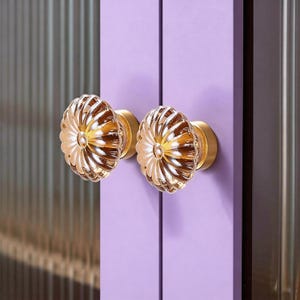 Puede incluir: Primer plano de dos pomos decorativos para armarios. Los pomos son de cristal transparente con un diseño en espiral y bases de metal dorado. Están montados en una puerta de armario de color lila claro.