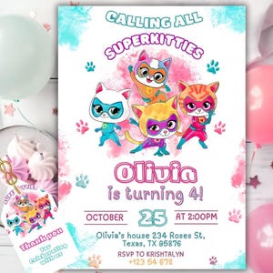 Zaproszenie urodzinowe Super Kitties, edytowalny szablon 5x7 Cat Girl na Canva